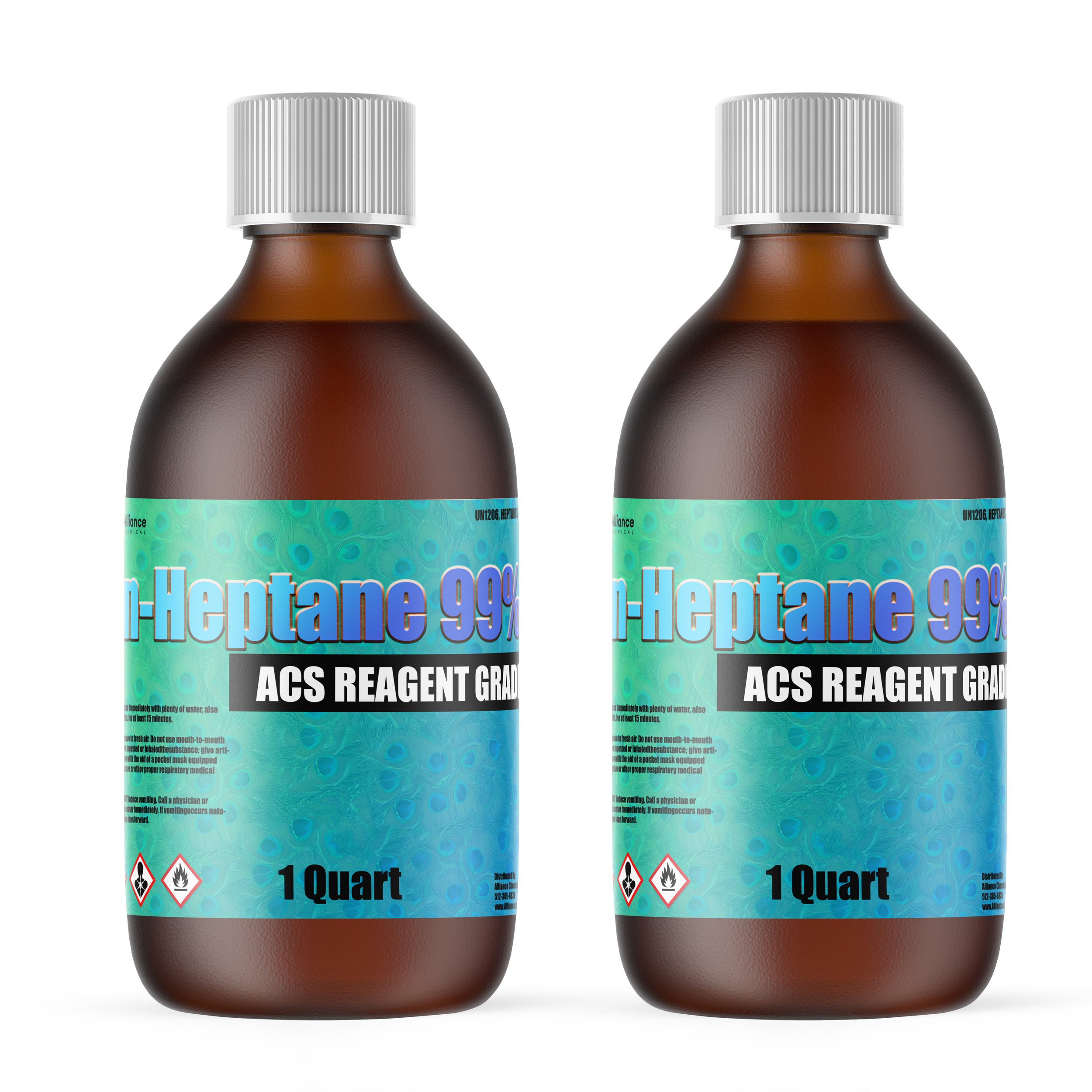 1-quart amber glass bottles of n-Heptane 99% ACS Reagent Grade solvent with flammable/health hazard symbols, ribbed caps, turquoise label.